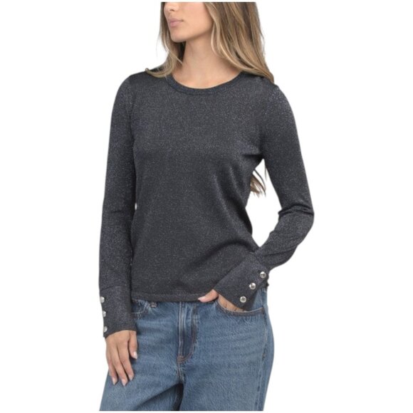 ELIE TAHARI Long Sleeve Crew Neck Metallic Sweater With Button Cuffs - Picture 1 of 3